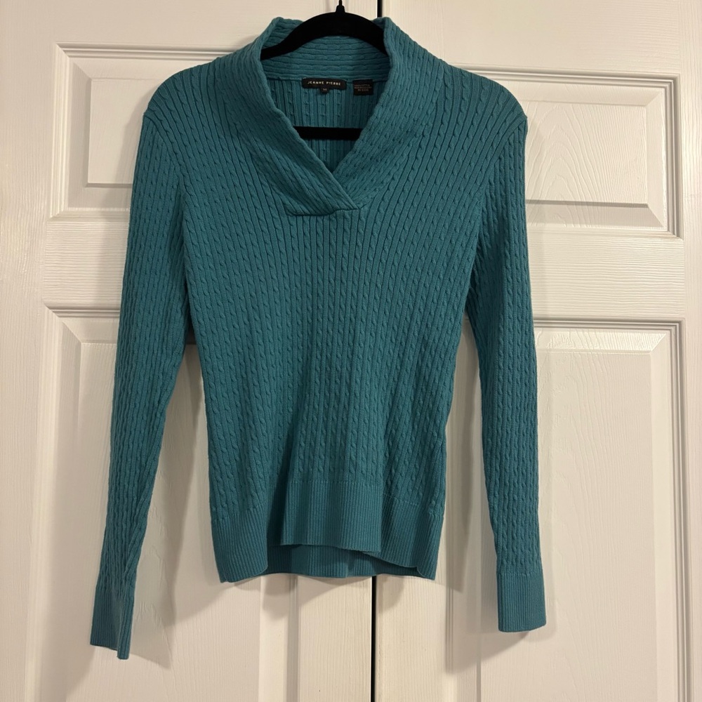 Elegant Vivid Teal Cowl Neck Sweater with Unique Knit Pattern